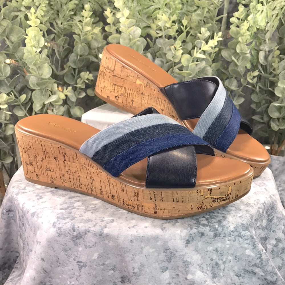 Nine West XACHARYO Blue Cross Band 2.5” Cork Wedges Women’s 9M💙Like NEW💙
